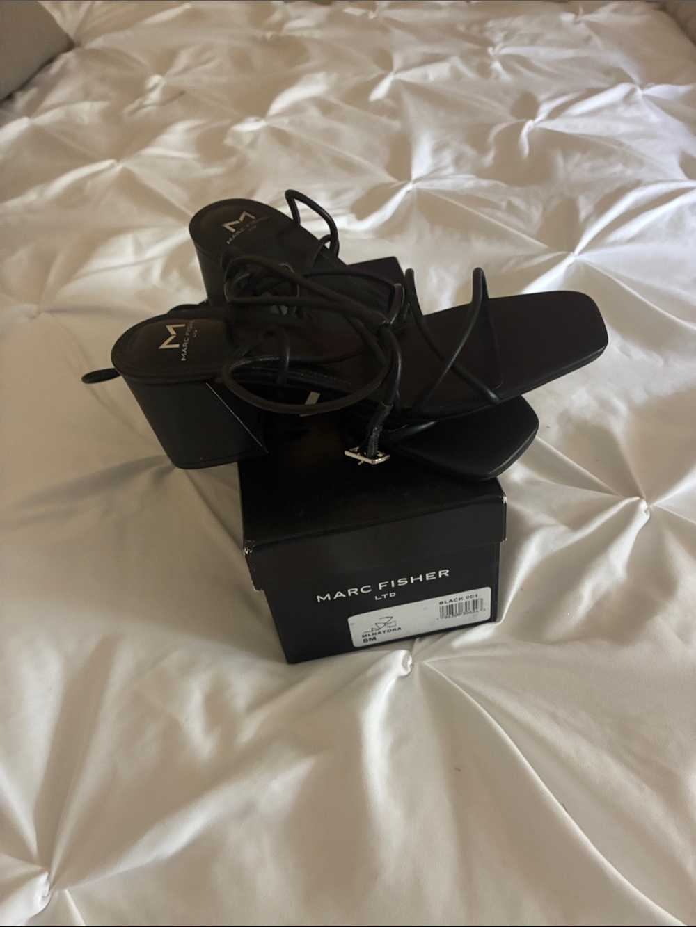 Marc Fisher Black Strappy Square-Toe Block Heel Sandals